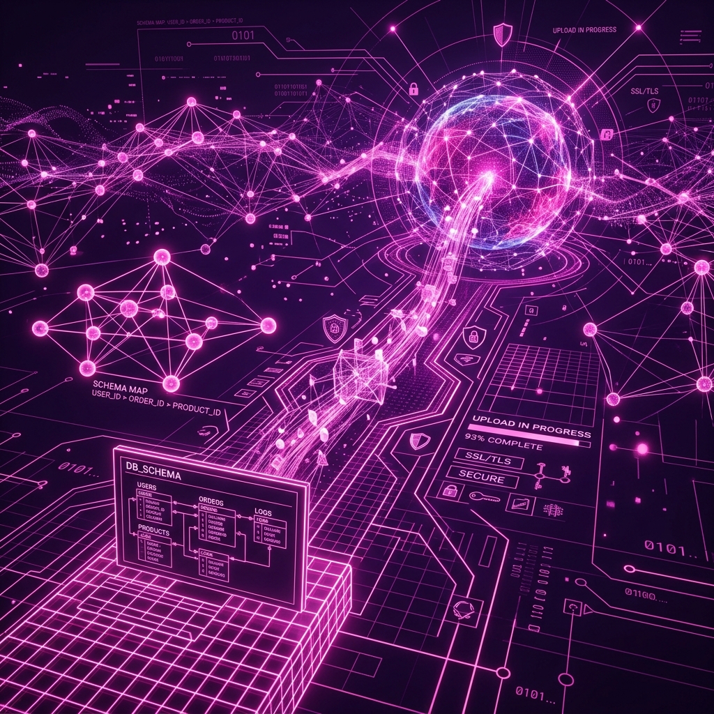 Technical visualization of code architecture with glowing lines and abstract digital modules in cyan and dark purple