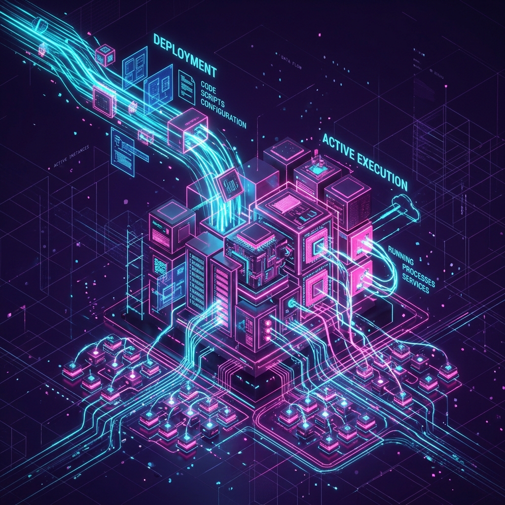 Technical visualization of server deployment with glowing neon pink and cyan lines